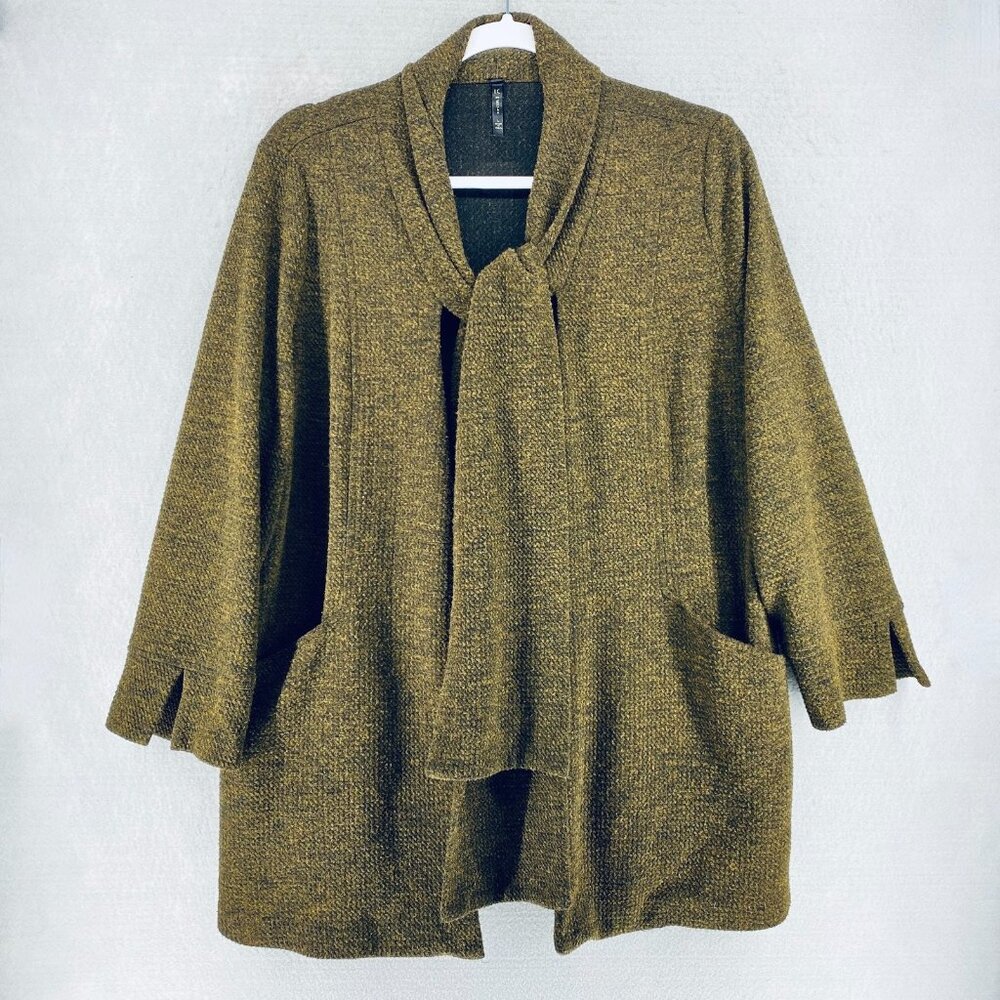 IC By Connie K Cardigan Sweater Womens L Brown Swing Jacket Neck Tie
